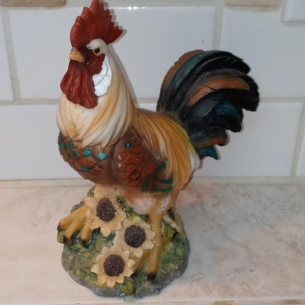 Farm decor rooster with sunflowers and a beautiful blue tail